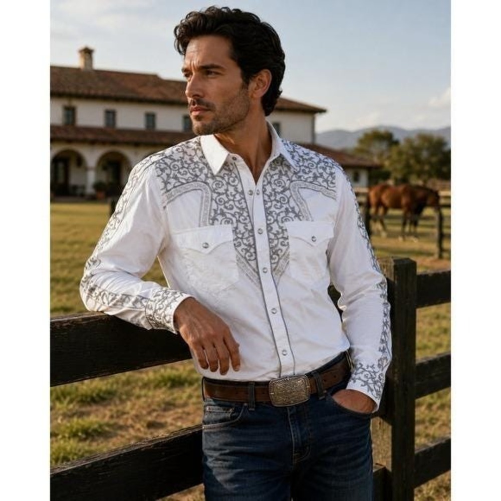 Platini Jeans Mens White Western Pearl Snap Shirt Grey Embroidery Size Medium